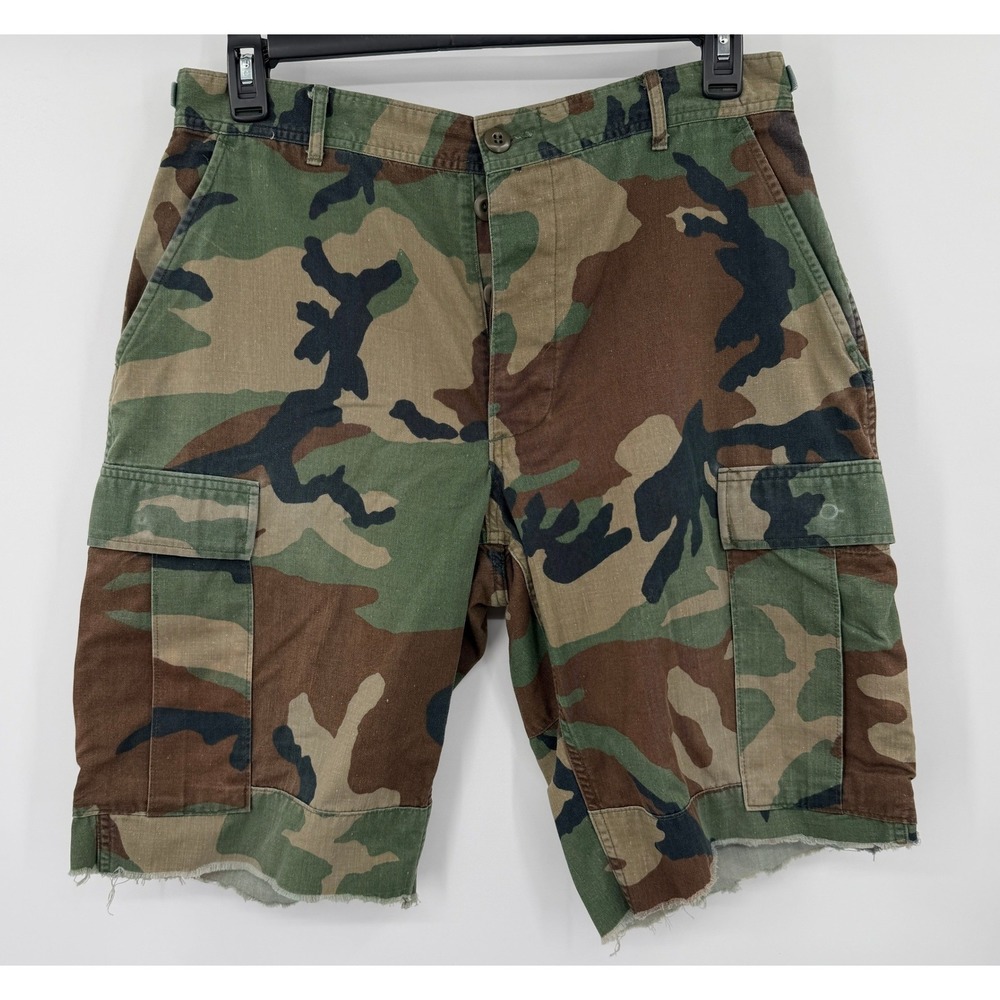 Vintage Military Woodland Camo Cargo Short Cut Off Combat Trousers Medium Grunge